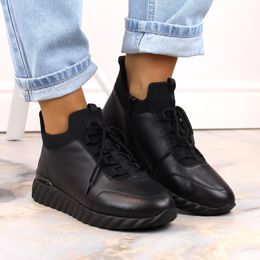 Skórzane półbuty botki damskie ocieplane czarne Rieker Remonte D5977-01