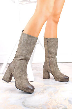 Kozaki damskie na słupku z gumką ocieplane khaki Jezzi RMR2288-5