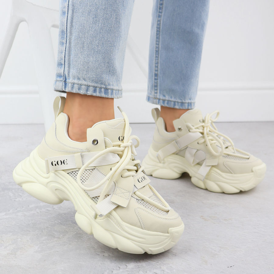 Skórzane sneakersy na grubej podeszwie damskie beżowe Goe  RR2N4051