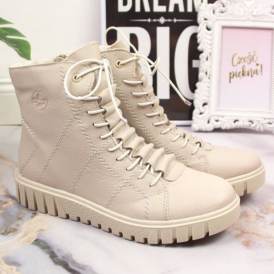 Trzewiki damskie na platformie ocieplane beżowe Rieker Y3420-61